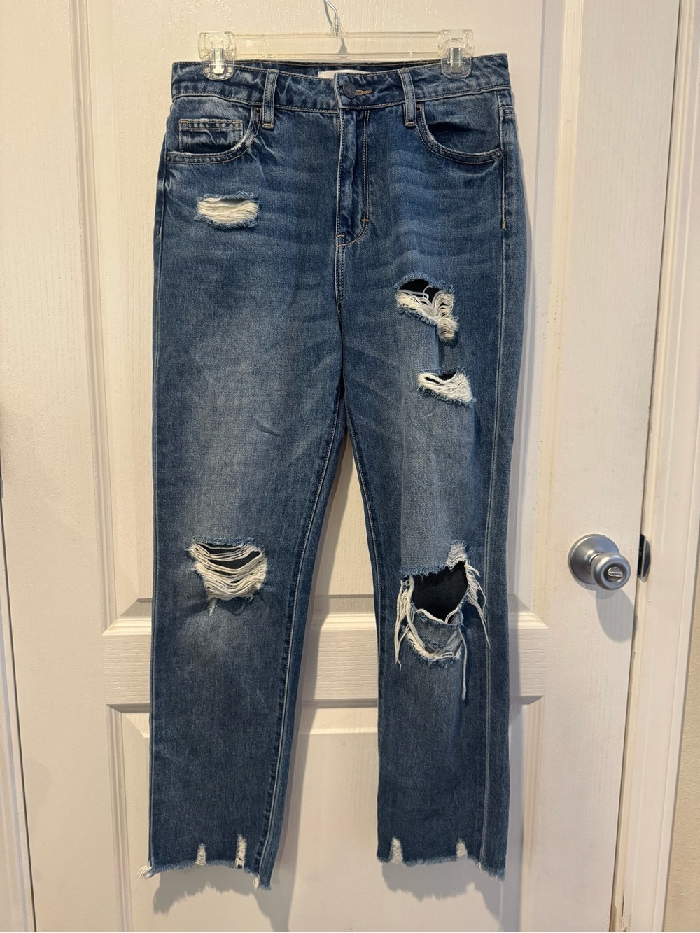 Hidden Straight Leg Distressed Blue Jeans for Women
